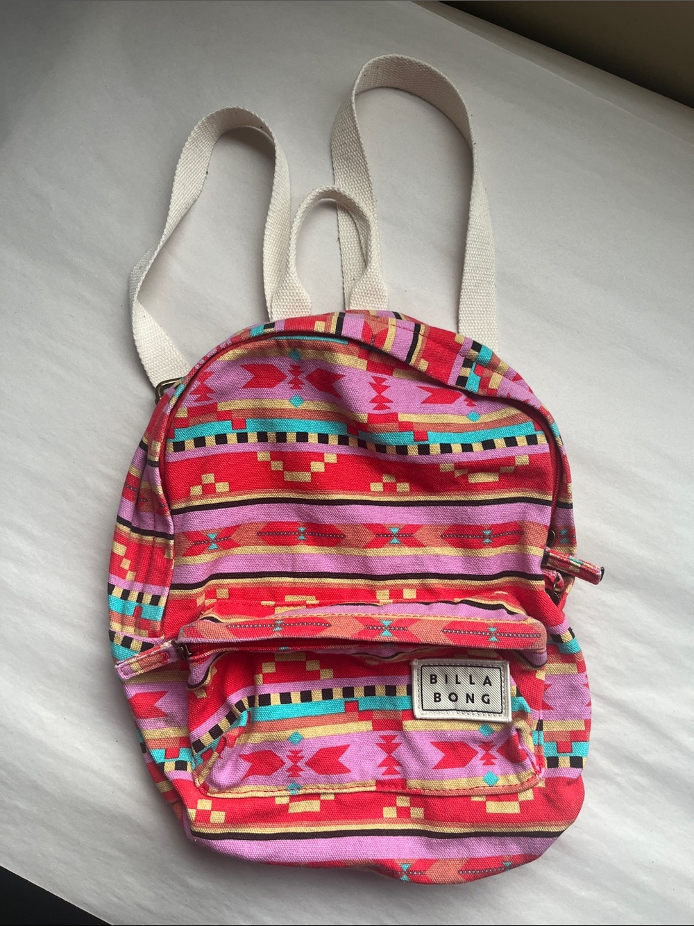 Billabong Pink & Red Aztec Mini Backpack with Cream Straps